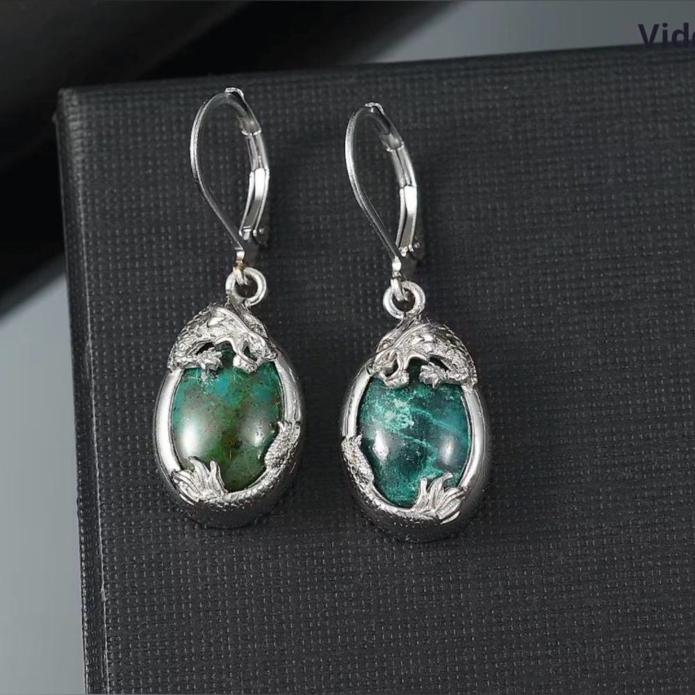 EverTrue Chrysocolla 13.40 ctw Dragon's Embrace Earrings in Platinum Bond